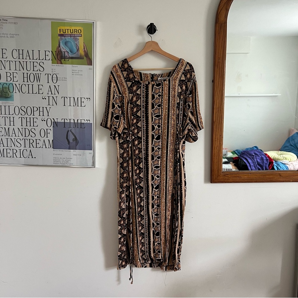 Vintage 90s Coco Bianco square neck abstract print corset waist tie midi dress
